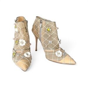 Roger Vivier Embroidered Organza Ankle Boots Pearls & Floral Appliqué IT 37